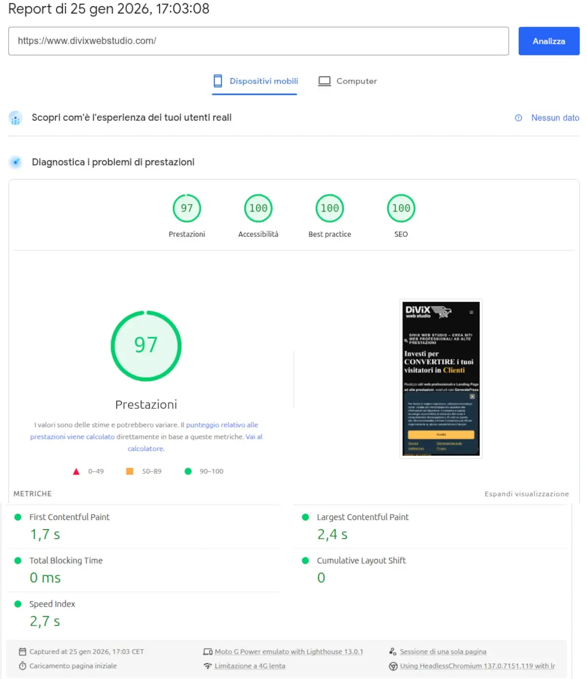 Immagine della velocità del mio sito in Google Page Speed